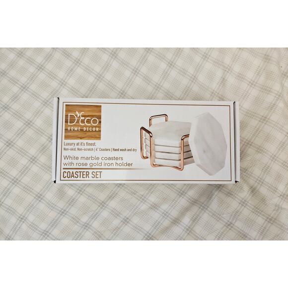 NIB D'Eco White Carrara Marble Coasters & Rose Gold Coaster Holder, Set of 5 - Picture 2 of 13